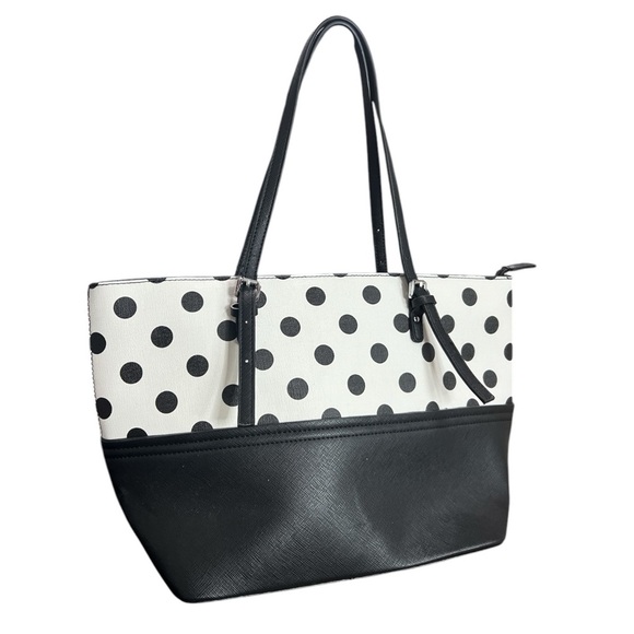 CLEO Tote Bag Polka Black and White Shoulder Bag PVC Adjust Strap Two-Tone Bag - Picture 2 of 10